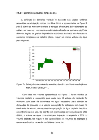 39
3.5.2.1 Demanda variável ao longo do ano
A condição de demanda variável foi baseada nas vazões unitárias
requeridas para irrigação obtidas por Silva (2014) e apresentadas na Figura 7
para o cultivo de milho em fevereiro e de feijão em outubro. Esse calendário de
cultivo, por sua vez, representa o calendário adotado na sub-bacia do Entre
Ribeiros, região de grande importância econômica na bacia do Paracatu e,
conforme constatado no trabalho citado, requer um menor volume de água
para irrigação.
Figura 7 - Balanço hídrico referente ao cultivo do milho em 1/mai e do feijão em
1/jan. Fonte: Silva (2014).
Com base nos valores apresentados na Figura 7, foram obtidos os
volumes captado e consumido para cada mês. O volume de captação foi
estimado com base na quantidade de água necessária para atender as
demandas de irrigação, e o volume consumido foi calculado com base no
coeficiente de retorno, que representa a proporção de água captada devolvida
ao ambiente após o uso. De acordo com informações apresentadas pela ONS
(2005), o volume de água consumido pela irrigação corresponde a 80% do
volume captado. Na Figura 8, são apresentados os volumes de captação e
consumo estimados para esta condição de demanda.
 