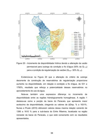 58
Figura 20 - Incremento de disponibilidade hídrica devido a alteração da vazão
permissível para outorga da condição a fio d‘água 50% da Q7,10)
para a condição de regularização de vazões (Qmld - 50% Q7,10).
Evidencia-se na Figura 20 que a alteração do critério de outorga
decorrente da construção de reservatórios de regularização proporciona
aumento na disponibilidade, em relação à condição a fio d‘água, de 531 a
1795%, resultado que reforça a potencialidade desses reservatórios no
aproveitamento do uso da água.
Nota-se também uma expressiva diferença no incremento de
disponibilidade entre as regiões hidrologicamente homogêneas. A região 1
destaca-se como a porção da bacia do Paracatu que apresenta maior
acréscimo de disponibilidade, chegando os valores de ΔDisp. % a 1631%.
Nunes e Pruski (2015) obtiveram valores dessa mesma relação variando de
1390 a 1610 % para a sub-bacia do Entre Ribeiros, localizada na região
noroeste da bacia do Paracatu, o que está consonante com os resultados
apresentados.
 
