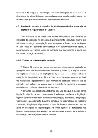 60
usuários a fio d‘água a manutenção de suas condições de uso, isto é, a
diminuição da disponibilidade, potencializada pela regularização, ocorre em
favor de usos que apresentam uma condição mais restritiva.
4.3 Análise do impacto econômico da adoção dos critérios manancial de
captação e regularização de vazões
Com o intuito de se fazer uma análise comparativa dos cenários de
simulação de cobrança, foi apresentado primeiramente o resultado relativo aos
valores de cobrança pela captação, uma vez que os volumes de captação para
os dois tipos de demanda considerados são aproximadamente iguais, e
posteriormente os valores totais de cobrança que corresponde a soma dos
valores de captação e consumo.
4.3.1 Valores de cobrança pela captação
A Figura 22 mostra os valores mensais da cobrança pela captação de
água para cada um dos oito cenários simulados (Quadro 3). A Figura 22a é a
simulação da cobrança pela captação de água para os cenários relativos à
condição de demanda fixa, e a Figura 22b à de condição de demanda variável.
Os marcadores representam o valor mensal de captação, tendo o tipo de
marcador sido definido de acordo com a condição de demanda e as cores
estabelecidas conforme os critérios de cobrança.
A cor verde está associada à cobrança pelo uso da água de acordo com a
legislação vigente; a azul corresponde à cobrança conforme a legislação
vigente, considerando o fator manancial de captação; a vermelha, à legislação
vigente com a consideração do critério com base na sazonalidade de vazões; e
a amarela, à legislação vigente com o fator de deplecionamento pelo uso da
água em condições de regularização. As linhas ligando os marcadores não
indicam continuidade dos valores, sendo utilizadas apenas para facilitar a
visualização da variação dos valores mensais.
 