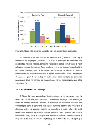 65
Figura 23. Custo total anual de captação para os oito cenários analisados.
Na consideração dos fatores de sazonalidade (cenários C3 e C7) e
manancial de captação (cenários C2 e C6), a condição de demanda fixa
apresentou maiores valores, com uma variação de cerca de 1,2 vezes o valor
referente à demanda variável. Esse resultado ocorre em função de o calendário
de cultivo utilizado para a simulação da condição de demanda variável
corresponder ao mais favorável para a região, minimizando, assim, a captação
de água nos períodos de estiagem. Além disso, essa condição de demanda
não requer água no período de novembro a março, caracterizado por altos
valores do FMC.
4.3.2 Valores totais de cobrança
A Figura 24 mostra os valores totais mensais de cobrança pelo uso da
água para as simulações realizadas. Observa-se ampliação nas diferenças
entre os custos mensais relativos à condição de demanda variável em
comparação com a demanda fixa. Esse aumento ocorre uma vez que a
diferença entre os valores, quando se considera o custo total, não está
relacionada apenas ao volume mensal captado, mas também ao volume
consumido, que, para a condição de demanda variável, correspondente à
irrigação, é de 80% do volume captado; para a demanda fixa, situação que
2.808
4.904
1.668
842
2.786
4.189
1.348
836
0,0
1000,0
2000,0
3000,0
4000,0
5000,0
6000,0
7000,0
Valortotalanualdecaptação(UMRO)
C1 C2 C3 C4 C5 C6 C7 C8
Demanda Fixa Demanda Variável
 