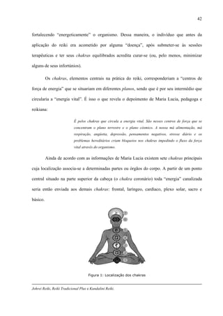 42
fortalecendo “energeticamente” o organismo. Dessa maneira, o indivíduo que antes da
aplicação do reiki era acometido por alguma “doença”, após submeter-se às sessões
terapêuticas e ter seus chakras equilibrados acredita curar-se (ou, pelo menos, minimizar
alguns de seus infortúnios).
Os chakras, elementos centrais na prática do reiki, corresponderiam a “centros de
força de energia” que se situariam em diferentes planos, sendo que é por seu intermédio que
circularia a “energia vital”. É isso o que revela o depoimento de Maria Lucia, pedagoga e
reikiana:
É pelos chakras que circula a energia vital. São nesses centros de força que se
concentram o plano terrestre e o plano cósmico. A nossa má alimentação, má
respiração, angústia, depressão, pensamentos negativos, stresse diário e os
problemas hereditários criam bloqueios nos chakras impedindo o fluxo da força
vital através do organismo.
Ainda de acordo com as informações de Maria Lucia existem sete chakras principais
cuja localização associa-se a determinadas partes ou órgãos do corpo. A partir de um ponto
central situado na parte superior da cabeça (o chakra coronário) toda “energia” canalizada
seria então enviada aos demais chakras: frontal, laríngeo, cardíaco, plexo solar, sacro e
básico.
Figura 1: Localização dos chakras
Johrei Reiki, Reiki Tradicional Plus e Kundalini Reiki.
 