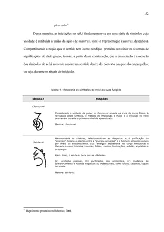 52
plexo solar51
.
Dessa maneira, as iniciações no reiki fundamentam-se em uma série de símbolos cuja
validade é atribuída à união da ação (de mantras, sons) e representação (yantras, desenhos).
Compartilhando a noção que o sentido tem como condição primeira constituir os sistemas de
significações de dado grupo, tem-se, a partir dessa constatação, que a enunciação e evocação
dos símbolos do reiki somente encontram sentido dentro do contexto em que são empregados;
ou seja, durante os rituais de iniciação.
Tabela 4: Relaciona os símbolos do reiki às suas funções
SÍMBOLO FUNÇÕES
Cho-ku-rei
Considerado o símbolo de poder, o cho-ku-rei atuaria na cura do corpo físico. A
revelação deste símbolo, o método de imposição e mãos e a iniciação no reiki
ocorreriam durante o primeiro nível de aprendizado.
Mantra: cho-ku-rei.
Sei-he-ki
Harmonizaria os chakras, relacionando-se ao despertar e à purificação da
“energia”. Selaria a aliança entre a “energia universal” e o homem, ativando a cura
por meio do subconsciente. Sua “energia” trabalharia no corpo emocional e
liberaria a raiva, tristeza, traumas, fobias, medos, frustrações, solidão, angústias e
os apegos.
Além disso, o sei-he-ki teria outras utilidades:
(a) proteção pessoal, (b) purificação dos ambientes, (c) mudança de
comportamento e hábitos negativos ou indesejáveis, como vícios, cacoetes, tiques
nervosos.
Mantra: sei-he-ki.
51
Depoimento prestado em Babenko, 2001.
 