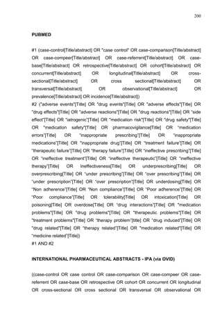 200

PUBMED

#1 (case-control[Title/abstract] OR "case control" OR case-comparison[Title/abstract]
OR

case-compeer[Title/abstract]

OR

case-referrent[Title/abstract]

OR

case-

base[Title/abstract] OR retrospective[Title/abstract] OR cohort[Title/abstract] OR
concurrent[Title/abstract]

OR

sectional[Title/abstract]

OR

transversal[Title/abstract]

longitudinal[Title/abstract]
cross
OR

OR

sectional[Title/abstract]
observational[Title/abstract]

crossOR
OR

prevalence[Title/abstract] OR incidence[Title/abstract])
#2 ("adverse events"[Title] OR "drug events"[Title] OR "adverse effects"[Title] OR
"drug effects"[Title] OR "adverse reactions"[Title] OR "drug reactions"[Title] OR “side
effect”[Title] OR “iatrogenic”[Title] OR "medication risk"[Title] OR "drug safety"[Title]
OR

"medication

errors”[Title]

safety"[Title]

OR

OR

“inappropriate

pharmacovigilance[Title]
prescribing”[Title]

OR

OR

“medication
“inappropriate

medications”[Title] OR "inappropriate drug”[Title] OR “treatment failure”[Title] OR
“therapeutic failure”[Title] OR “therapy failure”[Title] OR “ineffective prescribing”[Title]
OR “ineffective treatment”[Title] OR “ineffective therapeutic”[Title] OR “ineffective
therapy”[Title]

OR

Ineffectiveness[Title]

OR

underprescribing[Title]

OR

overprescribing[Title] OR “under prescribing”[Title] OR “over prescribing”[Title] OR
“under prescription”[Title] OR “over prescription”[Title] OR underdosing[Title] OR
“Non adherence”[Title] OR “Non compliance”[Title] OR “Poor adherence”[Title] OR
“Poor

compliance”[Title]

OR

tolerability[Title]

OR

intoxication[Title]

OR

poisoning[Title] OR overdose[Title] OR “drug interactions”[Title] OR "medication
problems"[Title] OR "drug problems"[Title] OR "therapeutic problems"[Title] OR
"treatment problems"[Title] OR “therapy problem”[title] OR “drug induced”[Title] OR
"drug related"[Title] OR “therapy related”[Title] OR "medication related"[Title] OR
“medicine related”[Title])
#1 AND #2

INTERNATIONAL PHARMACEUTICAL ABSTRACTS - IPA (via OVID)

((case-control OR case control OR case-comparison OR case-compeer OR casereferrent OR case-base OR retrospective OR cohort OR concurrent OR longitudinal
OR cross-sectional OR cross sectional OR transversal OR observational OR

 