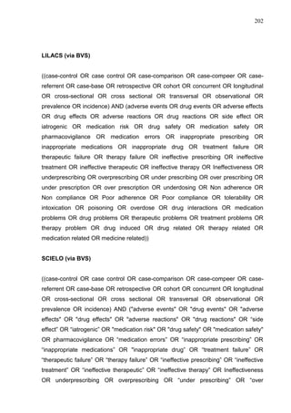 202

LILACS (via BVS)

((case-control OR case control OR case-comparison OR case-compeer OR casereferrent OR case-base OR retrospective OR cohort OR concurrent OR longitudinal
OR cross-sectional OR cross sectional OR transversal OR observational OR
prevalence OR incidence) AND (adverse events OR drug events OR adverse effects
OR drug effects OR adverse reactions OR drug reactions OR side effect OR
iatrogenic OR medication risk OR drug safety OR medication safety OR
pharmacovigilance OR medication errors OR inappropriate prescribing OR
inappropriate medications OR inappropriate drug OR treatment failure OR
therapeutic failure OR therapy failure OR ineffective prescribing OR ineffective
treatment OR ineffective therapeutic OR ineffective therapy OR Ineffectiveness OR
underprescribing OR overprescribing OR under prescribing OR over prescribing OR
under prescription OR over prescription OR underdosing OR Non adherence OR
Non compliance OR Poor adherence OR Poor compliance OR tolerability OR
intoxication OR poisoning OR overdose OR drug interactions OR medication
problems OR drug problems OR therapeutic problems OR treatment problems OR
therapy problem OR drug induced OR drug related OR therapy related OR
medication related OR medicine related))

SCIELO (via BVS)

((case-control OR case control OR case-comparison OR case-compeer OR casereferrent OR case-base OR retrospective OR cohort OR concurrent OR longitudinal
OR cross-sectional OR cross sectional OR transversal OR observational OR
prevalence OR incidence) AND ("adverse events" OR "drug events" OR "adverse
effects" OR "drug effects" OR "adverse reactions" OR "drug reactions" OR “side
effect” OR “iatrogenic” OR "medication risk" OR "drug safety" OR "medication safety"
OR pharmacovigilance OR “medication errors” OR “inappropriate prescribing” OR
“inappropriate medications” OR "inappropriate drug” OR “treatment failure” OR
“therapeutic failure” OR “therapy failure” OR “ineffective prescribing” OR “ineffective
treatment” OR “ineffective therapeutic” OR “ineffective therapy” OR Ineffectiveness
OR underprescribing OR overprescribing OR “under prescribing” OR “over

 