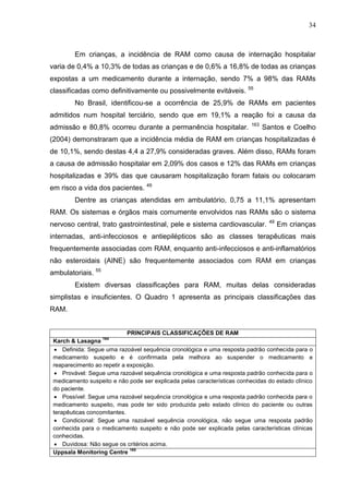 34

Em crianças, a incidência de RAM como causa de internação hospitalar
varia de 0,4% a 10,3% de todas as crianças e de 0,6% a 16,8% de todas as crianças
expostas a um medicamento durante a internação, sendo 7% a 98% das RAMs
classificadas como definitivamente ou possivelmente evitáveis.

55

No Brasil, identificou-se a ocorrência de 25,9% de RAMs em pacientes
admitidos num hospital terciário, sendo que em 19,1% a reação foi a causa da
admissão e 80,8% ocorreu durante a permanência hospitalar.

163

Santos e Coelho

(2004) demonstraram que a incidência média de RAM em crianças hospitalizadas é
de 10,1%, sendo destas 4,4 a 27,9% consideradas graves. Além disso, RAMs foram
a causa de admissão hospitalar em 2,09% dos casos e 12% das RAMs em crianças
hospitalizadas e 39% das que causaram hospitalização foram fatais ou colocaram
em risco a vida dos pacientes. 49
Dentre as crianças atendidas em ambulatório, 0,75 a 11,1% apresentam
RAM. Os sistemas e órgãos mais comumente envolvidos nas RAMs são o sistema
nervoso central, trato gastrointestinal, pele e sistema cardiovascular.

49

Em crianças

internadas, anti-infecciosos e antiepilépticos são as classes terapêuticas mais
frequentemente associadas com RAM, enquanto anti-infecciosos e anti-inflamatórios
não esteroidais (AINE) são frequentemente associados com RAM em crianças
ambulatoriais. 55
Existem diversas classificações para RAM, muitas delas consideradas
simplistas e insuficientes. O Quadro 1 apresenta as principais classificações das
RAM.

PRINCIPAIS CLASSIFICAÇÕES DE RAM
164

Karch & Lasagna
 Definida: Segue uma razoável sequência cronológica e uma resposta padrão conhecida para o
medicamento suspeito e é confirmada pela melhora ao suspender o medicamento e
reaparecimento ao repetir a exposição.
 Provável: Segue uma razoável sequência cronológica e uma resposta padrão conhecida para o
medicamento suspeito e não pode ser explicada pelas características conhecidas do estado clínico
do paciente.
 Possível: Segue uma razoável sequência cronológica e uma resposta padrão conhecida para o
medicamento suspeito, mas pode ter sido produzida pelo estado clínico do paciente ou outras
terapêuticas concomitantes.
 Condicional: Segue uma razoável sequência cronológica, não segue uma resposta padrão
conhecida para o medicamento suspeito e não pode ser explicada pelas características clínicas
conhecidas.
 Duvidosa: Não segue os critérios acima.
165
Uppsala Monitoring Centre

 