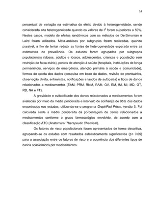 63

percentual de variação na estimativa do efeito devido à heterogeneidade, sendo
considerada alta heterogeneidade quando os valores de I2 forem superiores a 50%.
Nestes casos, modelo de efeitos randômicos com os métodos de DerSimonian e
Laird foram utilizados. Meta-análises por subgrupos foram realizadas, quando
possível, a fim de tentar reduzir as fontes de heterogeneidade esperada entre as
estimativas

de

prevalência.

Os

estudos

foram

agrupados por

subgrupos

populacionais (idosos, adultos e idosos, adolescentes, crianças e população sem
restrição de faixa etária), pontos de atenção à saúde (hospitais, instituições de longa
permanência, serviços de emergência, atenção primária à saúde e comunidade),
formas de coleta dos dados (pesquisa em base de dados, revisão de prontuários,
observação direta, entrevistas, notificações e laudos de autópsias) e tipos de danos
relacionados a medicamentos (EAM, PRM, RNM, RAM, OV, EM, IM, MI, MD, OT,
RD, NA e FT).
A gravidade e evitabilidade dos danos relacionados a medicamentos foram
avaliadas por meio da média ponderada e intervalo de confiança de 95% dos dados
encontrados nos estudos, utilizando-se o programa GraphPad Prism, versão 5. Foi
calculada ainda a média ponderada da porcentagem de danos relacionados a
medicamentos conforme o grupo farmacológico envolvido, de acordo com a
classificação ATC (Anatomical Therapeutic Chemical).
Os fatores de risco populacionais foram apresentados de forma descritiva,
agrupando-se os estudos com resultados estatisticamente significativos (p< 0,05)
para a associação entre os fatores de risco e a ocorrência dos diferentes tipos de
danos ocasionados por medicamentos.

 