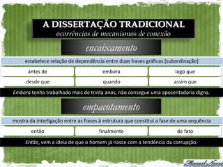 A DISSERTAÇÃO TRADICIONAL
                   ocorrências de mecanismos de conexão
                                encaixamento
     estabelece relação de dependência entre duas frases gráficas [subordinação]
      antes de                         embora                           logo que
     desde que                          quando                         assim que
Embora tenha trabalhado mais de trinta anos, não consegue uma aposentadoria digna.

                               empacotamento
mostra da interligação entre as frases à estrutura que constitui a fase de uma sequência
        então                         finalmente                         de fato
     Então, vem a ideia de que o homem já nasce com a tendência da corrupção.
 
