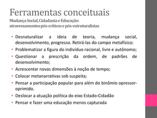 Ferramentas conceituais
MudançaSocial,CidadaniaeEducação:
atravessamentospós-críticosepós-estruturalistas
• Desnaturalizar a ideia de teoria, mudança social,
desenvolvimento, progresso. Retirá-las do campo metafísico;
• Problematizar a figura do indivíduo racional, livre e autônomo;
• Questionar a prescrição da ordem, de padrões de
desenvolvimento;
• Acrescentar novas dimensões à noção de tempo;
• Colocar metanarrativas sob suspeita;
• Pensar a participação popular para além do binômio opressor-
oprimido.
• Deslocar a atuação política do eixo Estado-Cidadão
• Pensar e fazer uma educação menos capturada
 