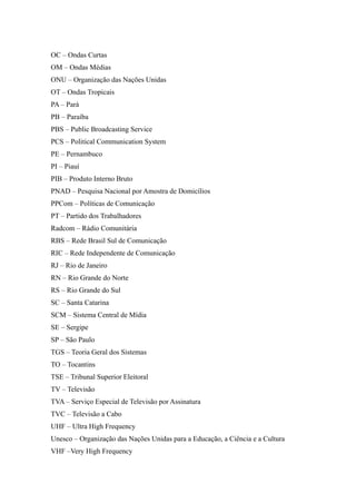 9
OC – Ondas Curtas
OM – Ondas Médias
ONU – Organização das Nações Unidas
OT – Ondas Tropicais
PA – Pará
PB – Paraíba
PBS – Public Broadcasting Service
PCS – Political Communication System
PE – Pernambuco
PI – Piauí
PIB – Produto Interno Bruto
PNAD – Pesquisa Nacional por Amostra de Domicílios
PPCom – Políticas de Comunicação
PT – Partido dos Trabalhadores
Radcom – Rádio Comunitária
RBS – Rede Brasil Sul de Comunicação
RIC – Rede Independente de Comunicação
RJ – Rio de Janeiro
RN – Rio Grande do Norte
RS – Rio Grande do Sul
SC – Santa Catarina
SCM – Sistema Central de Mídia
SE – Sergipe
SP – São Paulo
TGS – Teoria Geral dos Sistemas
TO – Tocantins
TSE – Tribunal Superior Eleitoral
TV – Televisão
TVA – Serviço Especial de Televisão por Assinatura
TVC – Televisão a Cabo
UHF – Ultra High Frequency
Unesco – Organização das Nações Unidas para a Educação, a Ciência e a Cultura
VHF –Very High Frequency
 