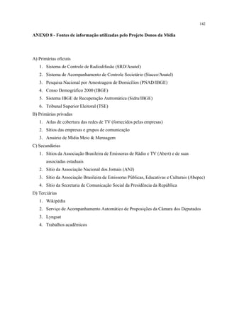 142
ANEXO 8 - Fontes de informação utilizadas pelo Projeto Donos da Mídia
A) Primárias oficiais
1. Sistema de Controle de Radiodifusão (SRD/Anatel)
2. Sistema de Acompanhamento de Controle Societário (Siacco/Anatel)
3. Pesquisa Nacional por Amostragem de Domicílios (PNAD/IBGE)
4. Censo Demográfico 2000 (IBGE)
5. Sistema IBGE de Recuperação Autromática (Sidra/IBGE)
6. Tribunal Superior Eleitoral (TSE)
B) Primárias privadas
1. Atlas de cobertura das redes de TV (fornecidos pelas empresas)
2. Sítios das empresas e grupos de comunicação
3. Anuário de Mìdia Meio & Mensagem
C) Secundárias
1. Sítios da Associação Brasileira de Emissoras de Rádio e TV (Abert) e de suas
associadas estaduais
2. Sítio da Associação Nacional dos Jornais (ANJ)
3. Sítio da Associação Brasileira de Emissoras Públicas, Educativas e Culturais (Abepec)
4. Sítio da Secretaria de Comunicação Social da Presidência da República
D) Terciárias
1. Wikipédia
2. Serviço de Acompanhamento Automático de Proposições da Câmara dos Deputados
3. Lyngsat
4. Trabalhos acadêmicos
 