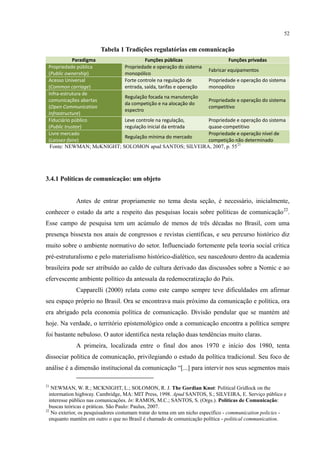 52
Tabela 1 Tradições regulatórias em comunicação
Paradigma Funções públicas Funções privadas
Propriedade pública
(Public ownership)
Propriedade e operação do sistema
monopólico
Fabricar equipamentos
Acesso Universal
(Common carriage)
Forte controle na regulação de
entrada, saída, tarifas e operação
Propriedade e operação do sistema
monopólico
Infra-estrutura de
comunicações abertas
(Open Communication
Infrastructure)
Regulação focada na manutenção
da competição e na alocação do
espectro
Propriedade e operação do sistema
competitivo
Fiduciário público
(Public trustee)
Leve controle na regulação,
regulação inicial da entrada
Propriedade e operação do sistema
quase-competitivo
Livre mercado
(Laissez-faire)
Regulação mínima do mercado
Propriedade e operação nível de
competição não determinado
Fonte: NEWMAN; McKNIGHT; SOLOMON apud SANTOS; SILVEIRA, 2007, p. 5521
3.4.1 Políticas de comunicação: um objeto
Antes de entrar propriamente no tema desta seção, é necessário, inicialmente,
conhecer o estado da arte a respeito das pesquisas locais sobre políticas de comunicação22
Capparelli (2000) relata como este campo sempre teve dificuldades em afirmar
seu espaço próprio no Brasil. Ora se encontrava mais próximo da comunicação e política, ora
era abrigado pela economia política de comunicação. Divisão pendular que se mantém até
hoje. Na verdade, o território epistemológico onde a comunicação encontra a política sempre
foi bastante nebuloso. O autor identifica nesta relação duas tendências muito claras.
.
Esse campo de pesquisa tem um acúmulo de menos de três décadas no Brasil, com uma
presença bissexta nos anais de congressos e revistas científicas, e seu percurso histórico diz
muito sobre o ambiente normativo do setor. Influenciado fortemente pela teoria social crítica
pré-estruturalismo e pelo materialismo histórico-dialético, seu nascedouro dentro da academia
brasileira pode ser atribuído ao caldo de cultura derivado das discussões sobre a Nomic e ao
efervescente ambiente político da antessala da redemocratização do País.
A primeira, localizada entre o final dos anos 1970 e início dos 1980, tenta
dissociar política de comunicação, privilegiando o estudo da política tradicional. Seu foco de
análise é a dimensão institucional da comunicação “[...] para intervir nos seus segmentos mais
21
NEWMAN, W. R.; MCKNIGHT, L.; SOLOMON, R. J. The Gordian Knot: Political Gridlock on the
intormation highway. Cambridge, MA: MIT Press, 1998. Apud SANTOS, S.; SILVEIRA, E. Serviço público e
interesse público nas comunicações. In: RAMOS, M.C.; SANTOS, S. (Orgs.). Políticas de Comunicação:
buscas teóricas e práticas. São Paulo: Paulus, 2007.
22
No exterior, os pesquisadores costumam tratar do tema em um nicho específico - communication policies -
enquanto mantêm em outro o que no Brasil é chamado de comunicação política - political communication.
 
