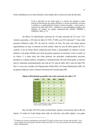 85
forma simultânea ou em outros horários. Esta relação não se encerra na rede de televisão:
Como a televisão, de um modo geral, é o veículo que assegura a maior
parcela de faturamento dos grupos afiliados e é ela que, geralmente, alavanca
a audiência e a publicidade dos demais veículos do grupo – como jornais e
emissoras de rádio AM e FM -, estabelece-se uma dependência orgânica dos
afiliados em relação aos grupos cabeças-de-rede. (HERZ, OSÓRIO e
GÖRGEN, 2002, p. 17)
No Brasil, foi identificada a presença de 34 redes nacionais de TV, com 1.512
veículos associados, e 20 redes de rádio (11 FM e 9 AM), com 910 emissoras62
. Estas redes
possuem influência sobre 25% do total de veículos do País. Do total, sete atuam apenas
regionalmente, ou seja, no máximo em dois estados. Tanto no caso do rádio quanto da TV, o
controle se dá de forma direta (cabeça-de-rede detém a propriedade) ou indireta (veículo
pertence a um grupo afiliado), por meio de grupos regionais ou nacionais. Como se pode ver
no Anexo 3, a maior parte das redes pertence aos principais conglomerados nacionais
privados ou a igrejas católica, evangélicas e neopentecostais. De uma forma geral, os maiores
players controlam simultaneamente uma rede de TV, uma de rádio AM e outra de rádio FM.
Este é o caso, por exemplo, das Organizações Globo (RJ) e do Grupo Bandeirantes (SP). Ou
de grupos religiosos como o Sistema Adventista de Comunicação (SP).
Tabela 4 Distribuição geográfica das redes nacionais de rádio e TV
Estado TV FM AM Total UF
SP 22 9 6 37
RJ 2 2 2 6
CE 1 0 0 1
RS 0 0 1 1
AM 1 0 0 1
DF 1 0 0 1
TOTAL 27 11 9 47
Fonte: Levantamento do autor com base nos dados do
Projeto Donos da Mídia (2008)
Das 54 redes, 40 (75%) estão em São Paulo. Apenas seis possuem sede no Rio de
Janeiro. O estado do Ceará abriga duas redes de televisão, uma delas ligada a um grupo
62
O número de veículos controlado por uma rede de TV pode se cruzar com os de uma rede de rádio, e vice-
versa, quando um mesmo grupo nacional controla estas redes. É o caso, por exemplo, das redes dos grupos
Globo e Bandeirantes.
 
