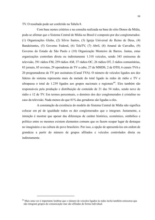 98
TV. O resultado pode ser conferido na Tabela 8.
Com base nestes critérios e na consulta realizada na base do sítio Donos da Mídia,
pode-se afirmar que o Sistema Central de Mídia no Brasil é composto por dez conglomerados:
(1) Organizações Globo, (2) Sílvio Santos, (3) Igreja Universal do Reino de Deus, (4)
Bandeirantes, (5) Governo Federal, (6) TeleTV, (7) Abril, (8) Amaral de Carvalho, (9)
Governo do Estado de São Paulo e (10) Organização Monteiro de Barros. Juntas, estas
organizações controlam direta ou indiretamente 1.310 veículos, sendo 343 emissoras de
televisão, 391 rádios FM, 259 rádios AM, 37 rádios OC, 26 rádios OT, 2 rádios comunitárias,
83 jornais, 85 revistas, 29 operadoras de TV a cabo, 27 de MMDS, 2 de DTH, 6 canais TVA e
20 programadoras de TV por assinatura (Canal TVA). O número de veículos ligados aos dez
líderes do sistema representa mais da metade do total ligado às redes de rádio e TV e
ultrapassa o total de 1.239 ligados aos grupos nacionais e regionais64
A constatação da existência do modelo do Sistema Central de Mídia não significa
colocar em pé de igualdade todos os dez conglomerados que o integram. Justamente, a
intenção é mostrar que apesar das diferenças de caráter histórico, econômico, simbólico e
político entre os mesmos existem elementos comuns que os fazem ocupar lugar de destaque
no imaginário e na cultura do povo brasileiro. Por isso, a opção de apresentá-los em ordem de
grandeza a partir do número de grupos afiliados e veículos controlados direta ou
indiretamente.
. Eles também são
responsáveis pela produção e distribuição de conteúdo de 21 das 54 redes, sendo nove de
rádio e 12 de TV. Em termos percentuais, o domínio dos dez conglomerados é cristalino no
caso da televisão. Nada menos do que 81% das geradoras são ligadas a eles.
64
Mais uma vez é importante lembrar que o número de veículos ligados às redes inclui também emissoras que
não integram grupos de comunicação mas são afiliadas de forma individual.
 