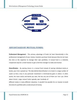 Birla Institute of Management Technology, Greater Noida




ADVANTAGES OF MUTUAL FUNDS:


Professional Management - The primary advantage of funds (at least theoretically) is the
professional management of your money. Investors purchase funds because they do not have
the time or the expertise to manage their own portfolios. A mutual fund is a relatively
inexpensive way for a small investor to get a full-time manager to make and monitor.


Diversification - By owning shares in a mutual fund instead of owning individual stocks or
bonds, your risk is spread out. The idea behind diversification is to invest in a large number of
assets so that a loss in any particular investment is minimized by gains in others. In other
words, the more stocks and bonds you own, the less any one of them can hurt you (think
about Enron). Large mutual funds typically own hundreds of
different stocks in many different industries. It wouldn't be possible for an investor to build
this kind of a portfolio with a small amount of money.




Piyush Kumar Jain, PGDM 08-10                                                            Page 12
 
