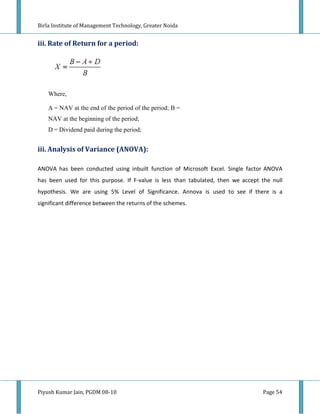 Birla Institute of Management Technology, Greater Noida


iii. Rate of Return for a period:




    Where,

    A = NAV at the end of the period of the period; B =
    NAV at the beginning of the period;
    D = Dividend paid during the period;


iii. Analysis of Variance (ANOVA):

ANOVA has been conducted using inbuilt function of Microsoft Excel. Single factor ANOVA
has been used for this purpose. If F-value is less than tabulated, then we accept the null
hypothesis. We are using 5% Level of Significance. Annova is used to see if there is a
significant difference between the returns of the schemes.




Piyush Kumar Jain, PGDM 08-10                                                     Page 54
 