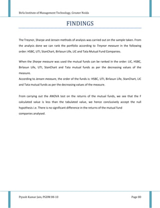 Birla Institute of Management Technology, Greater Noida



                                      FINDINGS

The Treynor, Sharpe and Jensen methods of analysis was carried out on the sample taken. From
the analysis done we can rank the portfolio according to Treynor measure in the following
order: HSBC, UTI, StanChart, Birlasun Life, LIC and Tata Mutual Fund Companies.


When the Sharpe measure was used the mutual funds can be ranked in the order: LIC, HSBC,
Birlasun Life, UTI, StanChart and Tata mutual funds as per the decreasing values of the
measure.
According to Jensen measure, the order of the funds is: HSBC, UTI, Birlasun Life, StanChart, LIC
and Tata mutual funds as per the decreasing values of the measure.


From carrying out the ANOVA test on the returns of the mutual funds, we see that the F
calculated value is less than the tabulated value, we hence conclusively accept the null
hypothesis i.e. There is no significant difference in the returns of the mutual fund
companies analysed.




Piyush Kumar Jain, PGDM 08-10                                                           Page 80
 