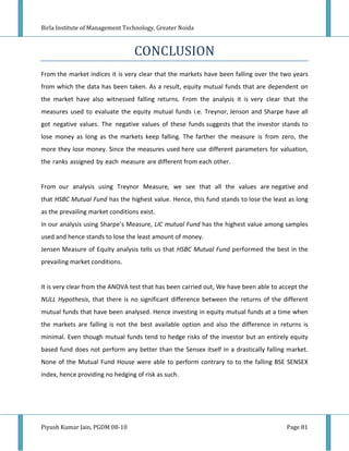 Birla Institute of Management Technology, Greater Noida



                                  CONCLUSION
From the market indices it is very clear that the markets have been falling over the two years
from which the data has been taken. As a result, equity mutual funds that are dependent on
the market have also witnessed falling returns. From the analysis it is very clear that the
measures used to evaluate the equity mutual funds i.e. Treynor, Jenson and Sharpe have all
got negative values. The negative values of these funds suggests that the investor stands to
lose money as long as the markets keep falling. The farther the measure is from zero, the
more they lose money. Since the measures used here use different parameters for valuation,
the ranks assigned by each measure are different from each other.


From our analysis using Treynor Measure, we see that all the values are negative and
that HSBC Mutual Fund has the highest value. Hence, this fund stands to lose the least as long
as the prevailing market conditions exist.
In our analysis using Sharpe’s Measure, LIC mutual Fund has the highest value among samples
used and hence stands to lose the least amount of money.
Jensen Measure of Equity analysis tells us that HSBC Mutual Fund performed the best in the
prevailing market conditions.


It is very clear from the ANOVA test that has been carried out, We have been able to accept the
NULL Hypothesis, that there is no significant difference between the returns of the different
mutual funds that have been analysed. Hence investing in equity mutual funds at a time when
the markets are falling is not the best available option and also the difference in returns is
minimal. Even though mutual funds tend to hedge risks of the investor but an entirely equity
based fund does not perform any better than the Sensex itself in a drastically falling market.
None of the Mutual Fund House were able to perform contrary to to the falling BSE SENSEX
index, hence providing no hedging of risk as such.




Piyush Kumar Jain, PGDM 08-10                                                          Page 81
 
