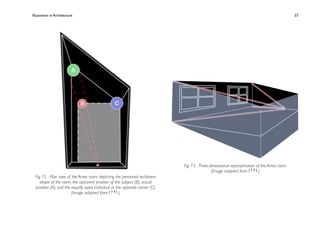 Illusionism in Architecture
                                                                    
    
      
       
       
               57




                                                                              Fig. 73 - Three-dimensional representation of the Ames room
                                                                                               (Image adapted from [ 7 5 ] )
  Fig. 72 - Plan view of the Ames room, depicting the perceived rectilinear
     shape of the room, the apparent position of the subject (B), actual
  position (A), and the equally sized individual at the opposite corner (C)
                         (Image adapted from [ 7 4 ] )
 