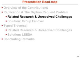 Presentation Road-map
 Overview of the Contributions
 Replication & The Orphan Request Problem
    Related Research & Unresolved Challenges
    Solution: Group Failover
 Typed Traversal
    Related Research & Unresolved Challenges
    Solution: LEESA
 Concluding Remarks




                                                10
 