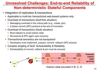 Unresolved Challenges: End-to-end Reliability of
      Non-deterministic Stateful Components
 Integration of replication & transactions
   Applicable to multi-tier transactional web-based systems only
   Overhead of transactions (fault-free situation)
     Messaging overhead in the critical path (e.g., create, join)
     2 phase commit (2PC) protocol at the end of invocation
   Overhead of transactions (faulty situation)
     Must rollback to avoid orphan state
     Re-execute & 2PC again upon recovery
   Transactional semantics are not transparent
     Developers must implement: prepare, commit, rollback (2PC phases)
   Complex tangling of QoS: Schedulability & Reliability
     Schedulability of commit, rollback & join must be ensured

                                             State            State     State   Potential
                                            Update           Update    Update
                                                                                 orphan
                             A                B                C          D         state
                                                                                growing
         Client


                                             Orphan state bounded in B, C, D
                                                                                            13
 