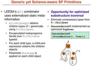 Generic yet Schema-aware SP Primitives

 LEESA’s All combinator          Opportunity for optimized
  uses externalized static meta-   substructure traversal
  information                     Eliminate unnecessary types from
    All<Strategy> obtains                 T::Children
     children types of T generically      DescendantsOf implemented as
     using T::Children.                    optimized TopDown.
    Encapsulated metaprograms              DescendantsOf
     iterate over T::Children               (StateMachine(), Time())
     typelist
    For each child type, a child-axis
     expression obtains the children
     objects
    Parameter Strategy is
     applied on each child object
 