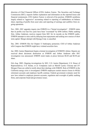 A M I T Y G L O B A L B U S I N E S S S C H O O L , B H U B A N E S W A R Page 11
direction of Chief Financial Officer (CFO) Andrew Fastow. The Securities and Exchange
Commission (SEC), requests further explanation and information on the reported losses and
financial restatements. CFO Andrew Fastow is relieved of his position. ENRON's problems
largely related to "aggressive" accounting related to reporting of indebtedness on balance
sheet, reporting of profits from asset sales and reporting of earnings and cashflow from on-
going operations.
Nov. 2001- SEC upgrades inquiry into ENRON to a "formal investigation". ENRON states
that its profits over last five years have been "overstated" by $586 million. Public auditing
firm, Arthur Andersen, receives request from SEC for its records on the ENRON audits.
ENRON attempts to raise cash by delaying loan repayments and seeking new sources of short
term capital. Merger attempt with Dynegy Corp. is cancelled.
Dec. 2001- ENRON files for Chapter 11 bankruptcy protection. CEO of Arthur Andersen
tells Congress that ENRON might have violated securities laws.
Jan. 2002- Justice Department begins criminal investigation of ENRON's failure. Reports are
received about document destruction at ENRON and Arthur Andersen after SEC
investigation was announced. ENRON stock trades at prices between $0.20 and $0.50 per
share.
Feb.-Aug. 2002- Ongoing investigations by SEC, U.S. Justice Department, U.S. House of
Representatives, U.S. Senate, et al. Companies such as Merrill Lynch, Citicorp and J.P.
Morgan Chase are called to testify about their dealings with ENRON. Role of ENRON in the
California energy crisis is investigated. ENRON employees sustain massive losses in 401(k)
retirement accounts and employee layoffs continue. Federal government evaluates need for
new laws related to employee pension accounts, regulation and oversight of public auditing
firms, and corporate fraud and governance issues.
 
