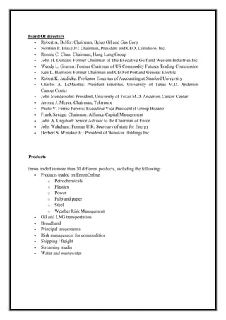 A M I T Y G L O B A L B U S I N E S S S C H O O L , B H U B A N E S W A R Page 6
Board Of directors
Robert A. Belfer: Chairman, Belco Oil and Gas Corp
Norman P. Blake Jr.: Chairman, President and CEO, Comdisco, Inc.
Ronnie C. Chan: Chairman, Hang Lung Group
John H. Duncan: Former Chairman of The Executive Gulf and Western Industries Inc.
Wendy L. Gramm: Former Chairman of US Commodity Futures Trading Commission
Ken L. Harrison: Former Chairman and CEO of Portland General Electric
Robert K. Jaedicke: Professor Emeritus of Accounting at Stanford University
Charles A. LeMaistre: President Emeritus, University of Texas M.D. Anderson
Cancer Center
John Mendelsohn: President, University of Texas M.D. Anderson Cancer Center
Jerome J. Meyer: Chairman, Tektronix
Paulo V. Ferraz Pereira: Executive Vice President if Group Bozano
Frank Savage: Chairman: Alliance Capital Management
John A. Urquhart: Senior Advisor to the Chairman of Enron
John Wakeham: Former U.K. Secretary of state for Energy
Herbert S. Winokur Jr.: President of Winokur Holdings Inc.
Products
Enron traded in more than 30 different products, including the following:
Products traded on EnronOnline
o Petrochemicals
o Plastics
o Power
o Pulp and paper
o Steel
o Weather Risk Management
Oil and LNG transportation
Broadband
Principal investments
Risk management for commodities
Shipping / freight
Streaming media
Water and wastewater
 