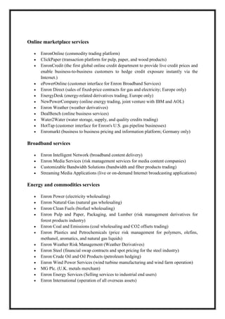 A M I T Y G L O B A L B U S I N E S S S C H O O L , B H U B A N E S W A R Page 7
Online marketplace services
EnronOnline (commodity trading platform)
ClickPaper (transaction platform for pulp, paper, and wood products)
EnronCredit (the first global online credit department to provide live credit prices and
enable business-to-business customers to hedge credit exposure instantly via the
Internet.)
ePowerOnline (customer interface for Enron Broadband Services)
Enron Direct (sales of fixed-price contracts for gas and electricity; Europe only)
EnergyDesk (energy-related derivatives trading; Europe only)
NewPowerCompany (online energy trading, joint venture with IBM and AOL)
Enron Weather (weather derivatives)
DealBench (online business services)
Water2Water (water storage, supply, and quality credits trading)
HotTap (customer interface for Enron's U.S. gas pipeline businesses)
Enromarkt (business to business pricing and information platform; Germany only)
Broadband services
Enron Intelligent Network (broadband content delivery)
Enron Media Services (risk management services for media content companies)
Customizable Bandwidth Solutions (bandwidth and fiber products trading)
Streaming Media Applications (live or on-demand Internet broadcasting applications)
Energy and commodities services
Enron Power (electricity wholesaling)
Enron Natural Gas (natural gas wholesaling)
Enron Clean Fuels (biofuel wholesaling)
Enron Pulp and Paper, Packaging, and Lumber (risk management derivatives for
forest products industry)
Enron Coal and Emissions (coal wholesaling and CO2 offsets trading)
Enron Plastics and Petrochemicals (price risk management for polymers, olefins,
methanol, aromatics, and natural gas liquids)
Enron Weather Risk Management (Weather Derivatives)
Enron Steel (financial swap contracts and spot pricing for the steel industry)
Enron Crude Oil and Oil Products (petroleum hedging)
Enron Wind Power Services (wind turbine manufacturing and wind farm operation)
MG Plc. (U.K. metals merchant)
Enron Energy Services (Selling services to industrial end users)
Enron International (operation of all overseas assets)
 