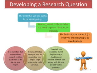 Developing a Research Question
It is important that
you establish a
research problem
at, or close to the
start of, your
project.
It is one of the key
tools you have, to
ensure that your
project keeps
going in the right
direction.
Every task you
undertake should
begin with you
checking your
research problem and
asking “will this help
me address this
problem?”.
The issue that you are going
to be investigating;
Your argument or thesis (what
you want to prove, disprove, or
explore);
The limits of your research (i.e.
what you are not going to be
investigating).
5
 