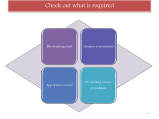 Check out what is required
The word/page limit Chapters to be included
Appropriate Content
The marking scheme
or guidance
9
 