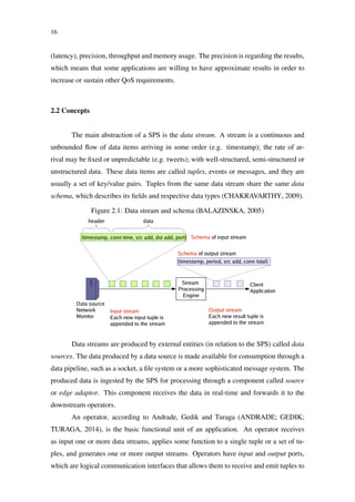 16
(latency), precision, throughput and memory usage. The precision is regarding the results,
which means that some applications are willing to have approximate results in order to
increase or sustain other QoS requirements.
2.2 Concepts
The main abstraction of a SPS is the data stream. A stream is a continuous and
unbounded ﬂow of data items arriving in some order (e.g. timestamp); the rate of ar-
rival may be ﬁxed or unpredictable (e.g. tweets); with well-structured, semi-structured or
unstructured data. These data items are called tuples, events or messages, and they are
usually a set of key/value pairs. Tuples from the same data stream share the same data
schema, which describes its ﬁelds and respective data types (CHAKRAVARTHY, 2009).
Figure 2.1: Data stream and schema (BALAZINSKA, 2005)
Data streams are produced by external entities (in relation to the SPS) called data
sources. The data produced by a data source is made available for consumption through a
data pipeline, such as a socket, a ﬁle system or a more sophisticated message system. The
produced data is ingested by the SPS for processing through a component called source
or edge adaptor. This component receives the data in real-time and forwards it to the
downstream operators.
An operator, according to Andrade, Gedik and Turaga (ANDRADE; GEDIK;
TURAGA, 2014), is the basic functional unit of an application. An operator receives
as input one or more data streams, applies some function to a single tuple or a set of tu-
ples, and generates one or more output streams. Operators have input and output ports,
which are logical communication interfaces that allows them to receive and emit tuples to
 