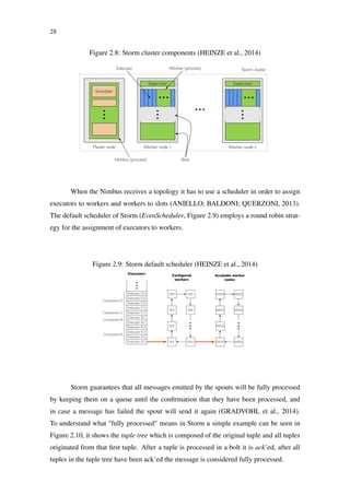 28
Figure 2.8: Storm cluster components (HEINZE et al., 2014)
When the Nimbus receives a topology it has to use a scheduler in order to assign
executors to workers and workers to slots (ANIELLO; BALDONI; QUERZONI, 2013).
The default scheduler of Storm (EvenScheduler, Figure 2.9) employs a round robin strat-
egy for the assignment of executors to workers.
Figure 2.9: Storm default scheduler (HEINZE et al., 2014)
Storm guarantees that all messages emitted by the spouts will be fully processed
by keeping them on a queue until the conﬁrmation that they have been processed, and
in case a message has failed the spout will send it again (GRADVOHL et al., 2014).
To understand what "fully processed" means in Storm a simple example can be seen in
Figure 2.10, it shows the tuple tree which is composed of the original tuple and all tuples
originated from that ﬁrst tuple. After a tuple is processed in a bolt it is ack’ed, after all
tuples in the tuple tree have been ack’ed the message is considered fully processed.
 