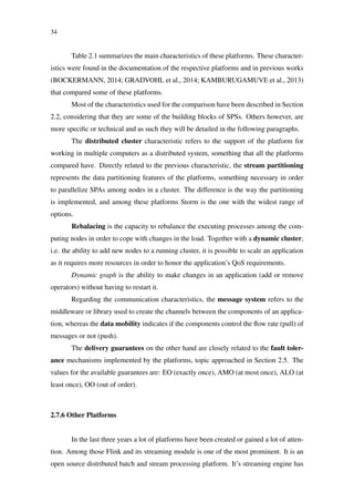 34
Table 2.1 summarizes the main characteristics of these platforms. These character-
istics were found in the documentation of the respective platforms and in previous works
(BOCKERMANN, 2014; GRADVOHL et al., 2014; KAMBURUGAMUVE et al., 2013)
that compared some of these platforms.
Most of the characteristics used for the comparison have been described in Section
2.2, considering that they are some of the building blocks of SPSs. Others however, are
more speciﬁc or technical and as such they will be detailed in the following paragraphs.
The distributed cluster characteristic refers to the support of the platform for
working in multiple computers as a distributed system, something that all the platforms
compared have. Directly related to the previous characteristic, the stream partitioning
represents the data partitioning features of the platforms, something necessary in order
to parallelize SPAs among nodes in a cluster. The difference is the way the partitioning
is implemented, and among these platforms Storm is the one with the widest range of
options.
Rebalacing is the capacity to rebalance the executing processes among the com-
puting nodes in order to cope with changes in the load. Together with a dynamic cluster,
i.e. the ability to add new nodes to a running cluster, it is possible to scale an application
as it requires more resources in order to honor the application’s QoS requirements.
Dynamic graph is the ability to make changes in an application (add or remove
operators) without having to restart it.
Regarding the communication characteristics, the message system refers to the
middleware or library used to create the channels between the components of an applica-
tion, whereas the data mobility indicates if the components control the ﬂow rate (pull) of
messages or not (push).
The delivery guarantees on the other hand are closely related to the fault toler-
ance mechanisms implemented by the platforms, topic approached in Section 2.5. The
values for the available guarantees are: EO (exactly once), AMO (at most once), ALO (at
least once), OO (out of order).
2.7.6 Other Platforms
In the last three years a lot of platforms have been created or gained a lot of atten-
tion. Among those Flink and its streaming module is one of the most prominent. It is an
open source distributed batch and stream processing platform. It’s streaming engine has
 