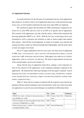 59
3.3 Application Selection
As stated in Section 2.9, the relevance of a benchmark suite lies in the applications
that compose it. In order to select a set of applications that cover a wide and relevant range
of use cases, we ﬁrst needed to determine the main areas where SPSs are employed.
We searched for papers that described new SPSs, performance comparisons be-
tween two or more SPSs and uses cases of an SPS in an speciﬁc area of application.
The research of the applications, just like with the metrics, followed the analytical and
browsing approaches (BEST et al., 2014). With the ﬁrst one, several query terms were
formulated as well as synonyms and variations in order to retrieve papers that matches
those queries. And with the second approach, an initial set of papers were selected and
starting from them a path was followed through their bibliography, until the point where
no more new papers were found.
Out of 37 papers published in the last seven years, the main areas of application
of SPSs were: social networks, sensor networks, telecommunication, ﬁnance, network
monitoring, trafﬁc monitoring, and advertising. Eight papers also made use of synthetic
applications, such as wordcount, sort and grep. The share of representation of each area
in the searched papers can be seen in Figure 3.2.
Along with the areas of application listed above, perhaps a more important cri-
teria for the selection of the applications is the computing techniques employed in the
applications. We identiﬁed the following techniques from the papers evaluated: natural
language processing, recommendation systems, text processing, classiﬁcation, computer
vision, anomaly detection, clustering, complex event detection, prediction, ranking, math-
ematics, graph processing...
Table 3.1 shows the list of papers evaluated with the respective areas that the ap-
plications fall into and the techniques used to develop them. In the cases where more than
one application is used, the areas and techniques are numbered to differentiate them.
Paper Year Areas Techniques
SPADE: the system s declarative stream processing en-
gine (GEDIK et al., 2008)
2008 Finance, Sensor Net-
work
Mathematics
Scale-up strategies for processing high-rate data streams
in System S (ANDRADE et al., 2009)
2009 Finance
Stream data processing: a quality of service perspective
(CHAKRAVARTHY, 2009)
2009 Network Monitoring
 