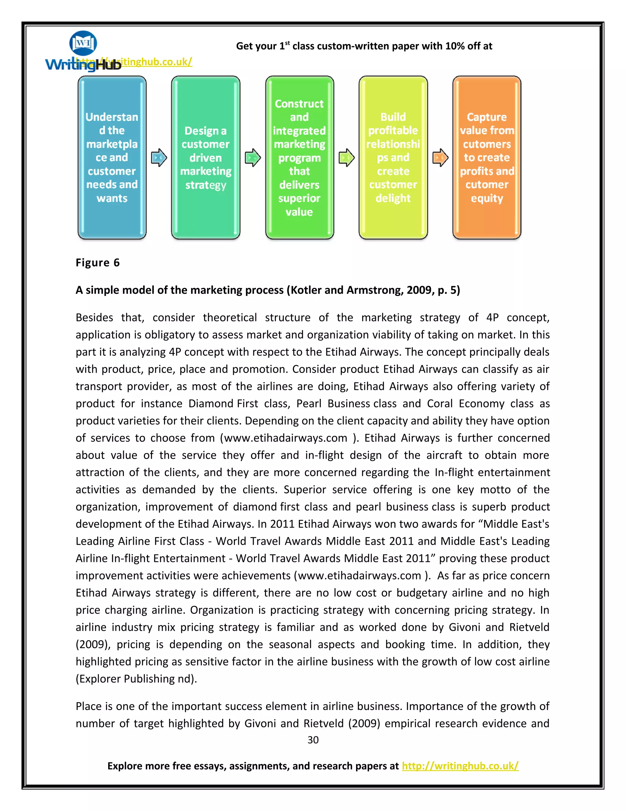Get your 1st
class custom-written paper with 10% off at
http://writinghub.co.uk/
Figure 6
A simple model of the marketing process (Kotler and Armstrong, 2009, p. 5)
Besides that, consider theoretical structure of the marketing strategy of 4P concept,
application is obligatory to assess market and organization viability of taking on market. In this
part it is analyzing 4P concept with respect to the Etihad Airways. The concept principally deals
with product, price, place and promotion. Consider product Etihad Airways can classify as air
transport provider, as most of the airlines are doing, Etihad Airways also offering variety of
product for instance Diamond First class, Pearl Business class and Coral Economy class as
product varieties for their clients. Depending on the client capacity and ability they have option
of services to choose from (www.etihadairways.com ). Etihad Airways is further concerned
about value of the service they offer and in-flight design of the aircraft to obtain more
attraction of the clients, and they are more concerned regarding the In-flight entertainment
activities as demanded by the clients. Superior service offering is one key motto of the
organization, improvement of diamond first class and pearl business class is superb product
development of the Etihad Airways. In 2011 Etihad Airways won two awards for “Middle East's
Leading Airline First Class - World Travel Awards Middle East 2011 and Middle East's Leading
Airline In-flight Entertainment - World Travel Awards Middle East 2011” proving these product
improvement activities were achievements (www.etihadairways.com ). As far as price concern
Etihad Airways strategy is different, there are no low cost or budgetary airline and no high
price charging airline. Organization is practicing strategy with concerning pricing strategy. In
airline industry mix pricing strategy is familiar and as worked done by Givoni and Rietveld
(2009), pricing is depending on the seasonal aspects and booking time. In addition, they
highlighted pricing as sensitive factor in the airline business with the growth of low cost airline
(Explorer Publishing nd).
Place is one of the important success element in airline business. Importance of the growth of
number of target highlighted by Givoni and Rietveld (2009) empirical research evidence and
30
Explore more free essays, assignments, and research papers at http://writinghub.co.uk/
 