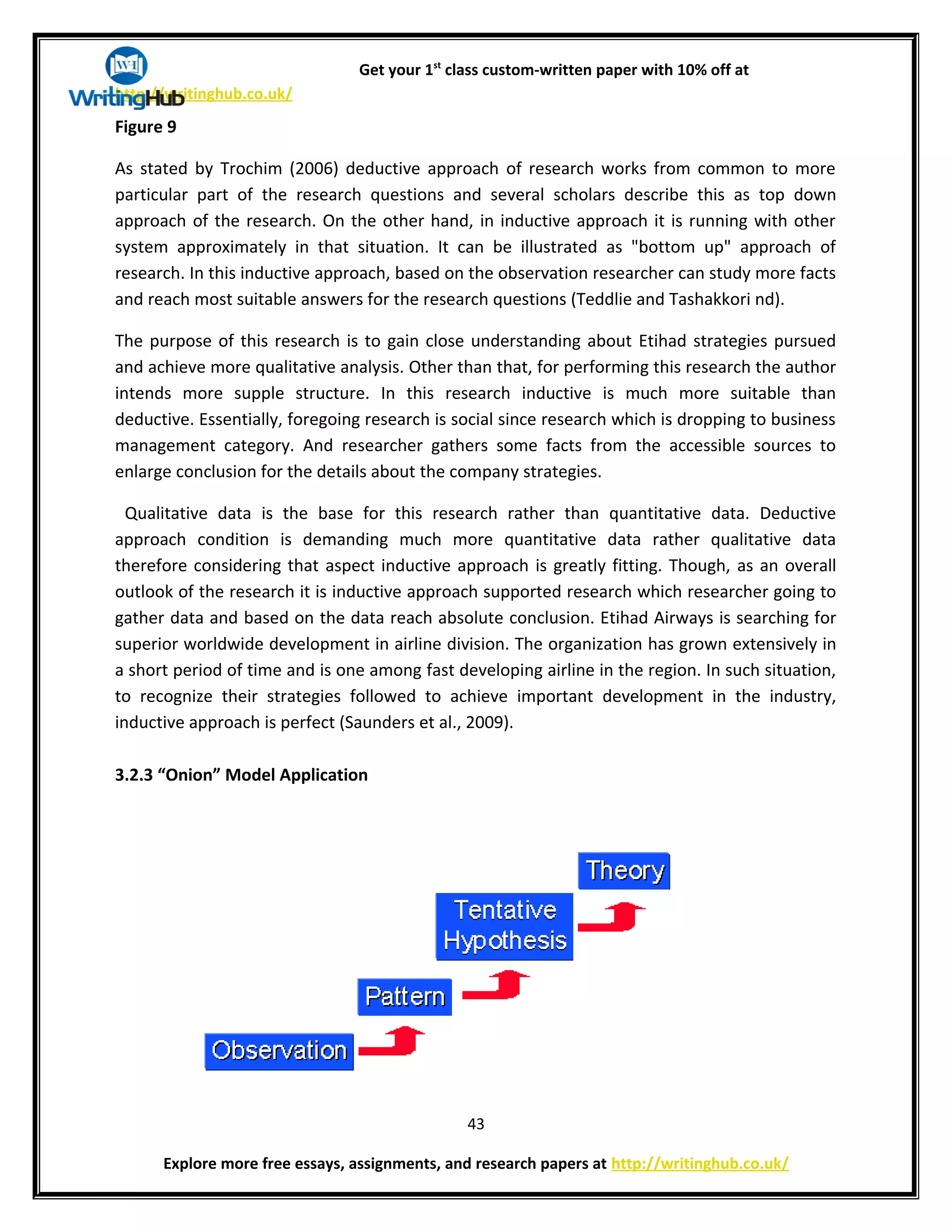 Get your 1st
class custom-written paper with 10% off at
http://writinghub.co.uk/
Figure 9
As stated by Trochim (2006) deductive approach of research works from common to more
particular part of the research questions and several scholars describe this as top down
approach of the research. On the other hand, in inductive approach it is running with other
system approximately in that situation. It can be illustrated as "bottom up" approach of
research. In this inductive approach, based on the observation researcher can study more facts
and reach most suitable answers for the research questions (Teddlie and Tashakkori nd).
The purpose of this research is to gain close understanding about Etihad strategies pursued
and achieve more qualitative analysis. Other than that, for performing this research the author
intends more supple structure. In this research inductive is much more suitable than
deductive. Essentially, foregoing research is social since research which is dropping to business
management category. And researcher gathers some facts from the accessible sources to
enlarge conclusion for the details about the company strategies.
Qualitative data is the base for this research rather than quantitative data. Deductive
approach condition is demanding much more quantitative data rather qualitative data
therefore considering that aspect inductive approach is greatly fitting. Though, as an overall
outlook of the research it is inductive approach supported research which researcher going to
gather data and based on the data reach absolute conclusion. Etihad Airways is searching for
superior worldwide development in airline division. The organization has grown extensively in
a short period of time and is one among fast developing airline in the region. In such situation,
to recognize their strategies followed to achieve important development in the industry,
inductive approach is perfect (Saunders et al., 2009).
3.2.3 “Onion” Model Application
43
Explore more free essays, assignments, and research papers at http://writinghub.co.uk/
 