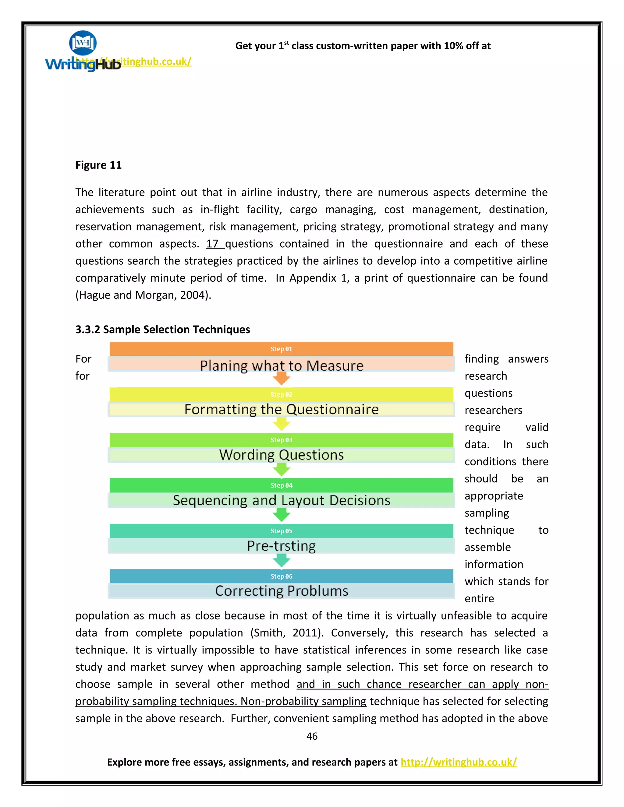 Get your 1st
class custom-written paper with 10% off at
http://writinghub.co.uk/
Figure 11
The literature point out that in airline industry, there are numerous aspects determine the
achievements such as in-flight facility, cargo managing, cost management, destination,
reservation management, risk management, pricing strategy, promotional strategy and many
other common aspects. 17 questions contained in the questionnaire and each of these
questions search the strategies practiced by the airlines to develop into a competitive airline
comparatively minute period of time. In Appendix 1, a print of questionnaire can be found
(Hague and Morgan, 2004).
3.3.2 Sample Selection Techniques
For finding answers
for research
questions
researchers
require valid
data. In such
conditions there
should be an
appropriate
sampling
technique to
assemble
information
which stands for
entire
population as much as close because in most of the time it is virtually unfeasible to acquire
data from complete population (Smith, 2011). Conversely, this research has selected a
technique. It is virtually impossible to have statistical inferences in some research like case
study and market survey when approaching sample selection. This set force on research to
choose sample in several other method and in such chance researcher can apply non-
probability sampling techniques. Non-probability sampling technique has selected for selecting
sample in the above research. Further, convenient sampling method has adopted in the above
46
Explore more free essays, assignments, and research papers at http://writinghub.co.uk/
 