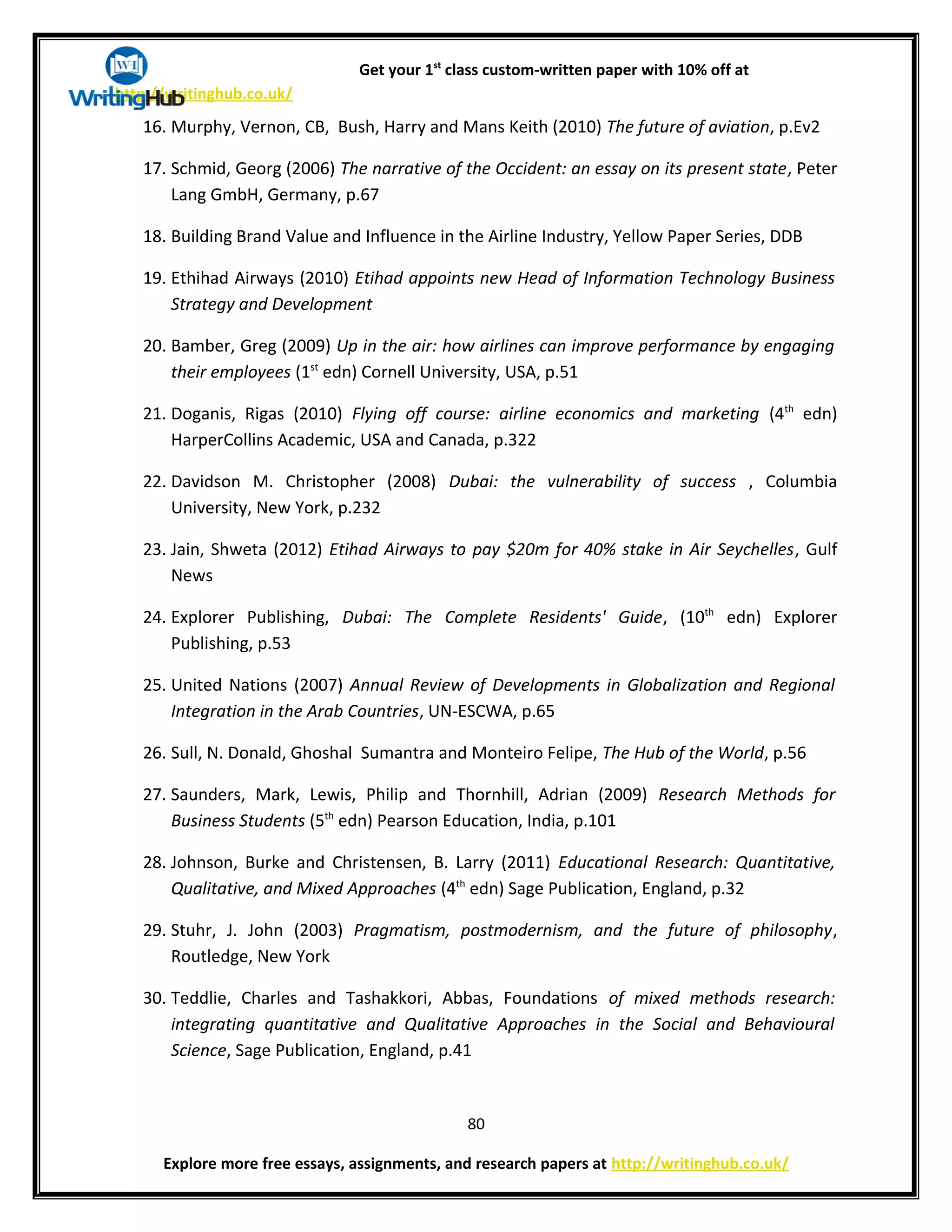 Get your 1st
class custom-written paper with 10% off at
http://writinghub.co.uk/
16. Murphy, Vernon, CB, Bush, Harry and Mans Keith (2010) The future of aviation, p.Ev2
17. Schmid, Georg (2006) The narrative of the Occident: an essay on its present state, Peter
Lang GmbH, Germany, p.67
18. Building Brand Value and Influence in the Airline Industry, Yellow Paper Series, DDB
19. Ethihad Airways (2010) Etihad appoints new Head of Information Technology Business
Strategy and Development
20. Bamber, Greg (2009) Up in the air: how airlines can improve performance by engaging
their employees (1st
edn) Cornell University, USA, p.51
21. Doganis, Rigas (2010) Flying off course: airline economics and marketing (4th
edn)
HarperCollins Academic, USA and Canada, p.322
22. Davidson M. Christopher (2008) Dubai: the vulnerability of success , Columbia
University, New York, p.232
23. Jain, Shweta (2012) Etihad Airways to pay $20m for 40% stake in Air Seychelles, Gulf
News
24. Explorer Publishing, Dubai: The Complete Residents' Guide, (10th
edn) Explorer
Publishing, p.53
25. United Nations (2007) Annual Review of Developments in Globalization and Regional
Integration in the Arab Countries, UN-ESCWA, p.65
26. Sull, N. Donald, Ghoshal Sumantra and Monteiro Felipe, The Hub of the World, p.56
27. Saunders, Mark, Lewis, Philip and Thornhill, Adrian (2009) Research Methods for
Business Students (5th
edn) Pearson Education, India, p.101
28. Johnson, Burke and Christensen, B. Larry (2011) Educational Research: Quantitative,
Qualitative, and Mixed Approaches (4th
edn) Sage Publication, England, p.32
29. Stuhr, J. John (2003) Pragmatism, postmodernism, and the future of philosophy,
Routledge, New York
30. Teddlie, Charles and Tashakkori, Abbas, Foundations of mixed methods research:
integrating quantitative and Qualitative Approaches in the Social and Behavioural
Science, Sage Publication, England, p.41
80
Explore more free essays, assignments, and research papers at http://writinghub.co.uk/
 