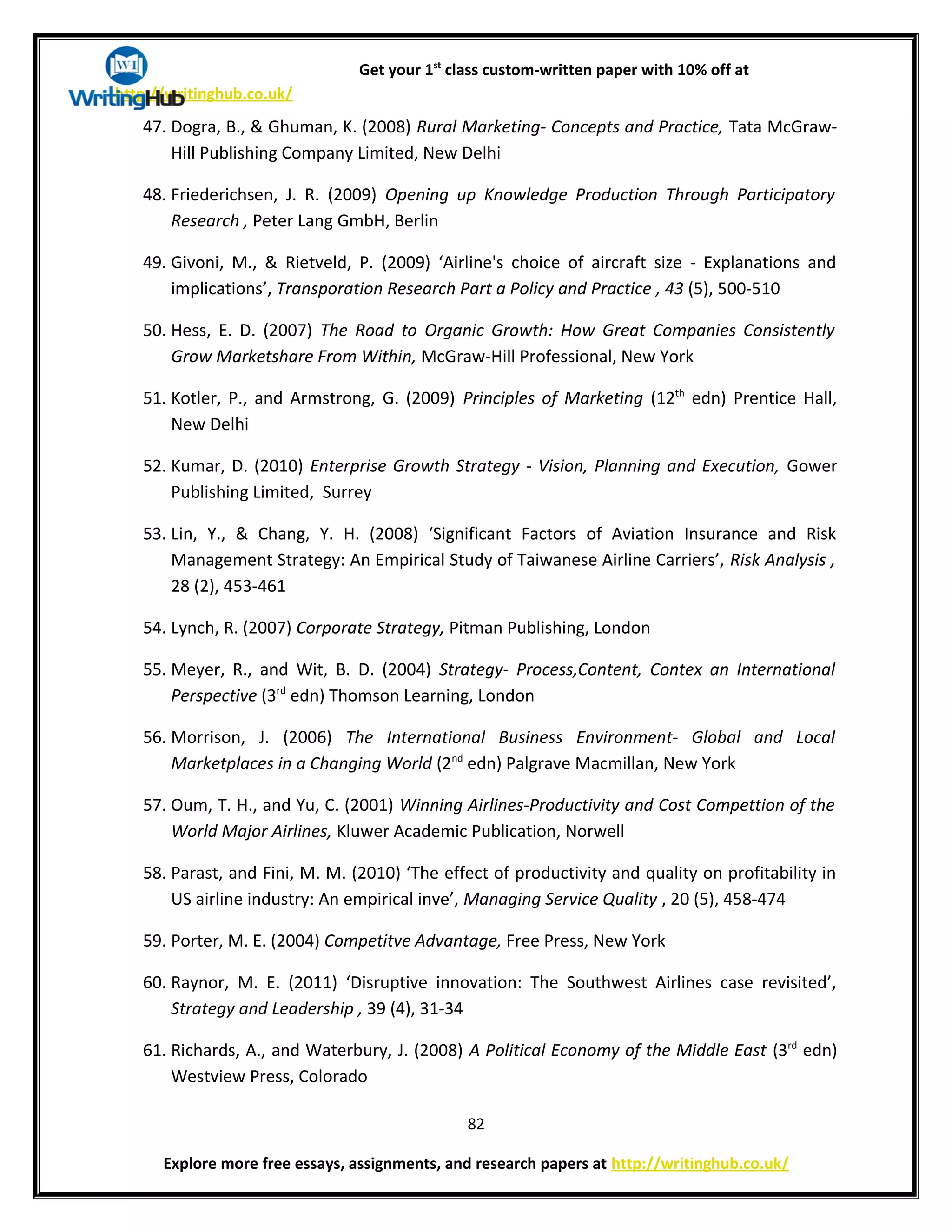 Get your 1st
class custom-written paper with 10% off at
http://writinghub.co.uk/
47. Dogra, B., & Ghuman, K. (2008) Rural Marketing- Concepts and Practice, Tata McGraw-
Hill Publishing Company Limited, New Delhi
48. Friederichsen, J. R. (2009) Opening up Knowledge Production Through Participatory
Research , Peter Lang GmbH, Berlin
49. Givoni, M., & Rietveld, P. (2009) ‘Airline's choice of aircraft size - Explanations and
implications’, Transporation Research Part a Policy and Practice , 43 (5), 500-510
50. Hess, E. D. (2007) The Road to Organic Growth: How Great Companies Consistently
Grow Marketshare From Within, McGraw-Hill Professional, New York
51. Kotler, P., and Armstrong, G. (2009) Principles of Marketing (12th
edn) Prentice Hall,
New Delhi
52. Kumar, D. (2010) Enterprise Growth Strategy - Vision, Planning and Execution, Gower
Publishing Limited, Surrey
53. Lin, Y., & Chang, Y. H. (2008) ‘Significant Factors of Aviation Insurance and Risk
Management Strategy: An Empirical Study of Taiwanese Airline Carriers’, Risk Analysis ,
28 (2), 453-461
54. Lynch, R. (2007) Corporate Strategy, Pitman Publishing, London
55. Meyer, R., and Wit, B. D. (2004) Strategy- Process,Content, Contex an International
Perspective (3rd
edn) Thomson Learning, London
56. Morrison, J. (2006) The International Business Environment- Global and Local
Marketplaces in a Changing World (2nd
edn) Palgrave Macmillan, New York
57. Oum, T. H., and Yu, C. (2001) Winning Airlines-Productivity and Cost Compettion of the
World Major Airlines, Kluwer Academic Publication, Norwell
58. Parast, and Fini, M. M. (2010) ‘The effect of productivity and quality on profitability in
US airline industry: An empirical inve’, Managing Service Quality , 20 (5), 458-474
59. Porter, M. E. (2004) Competitve Advantage, Free Press, New York
60. Raynor, M. E. (2011) ‘Disruptive innovation: The Southwest Airlines case revisited’,
Strategy and Leadership , 39 (4), 31-34
61. Richards, A., and Waterbury, J. (2008) A Political Economy of the Middle East (3rd
edn)
Westview Press, Colorado
82
Explore more free essays, assignments, and research papers at http://writinghub.co.uk/
 