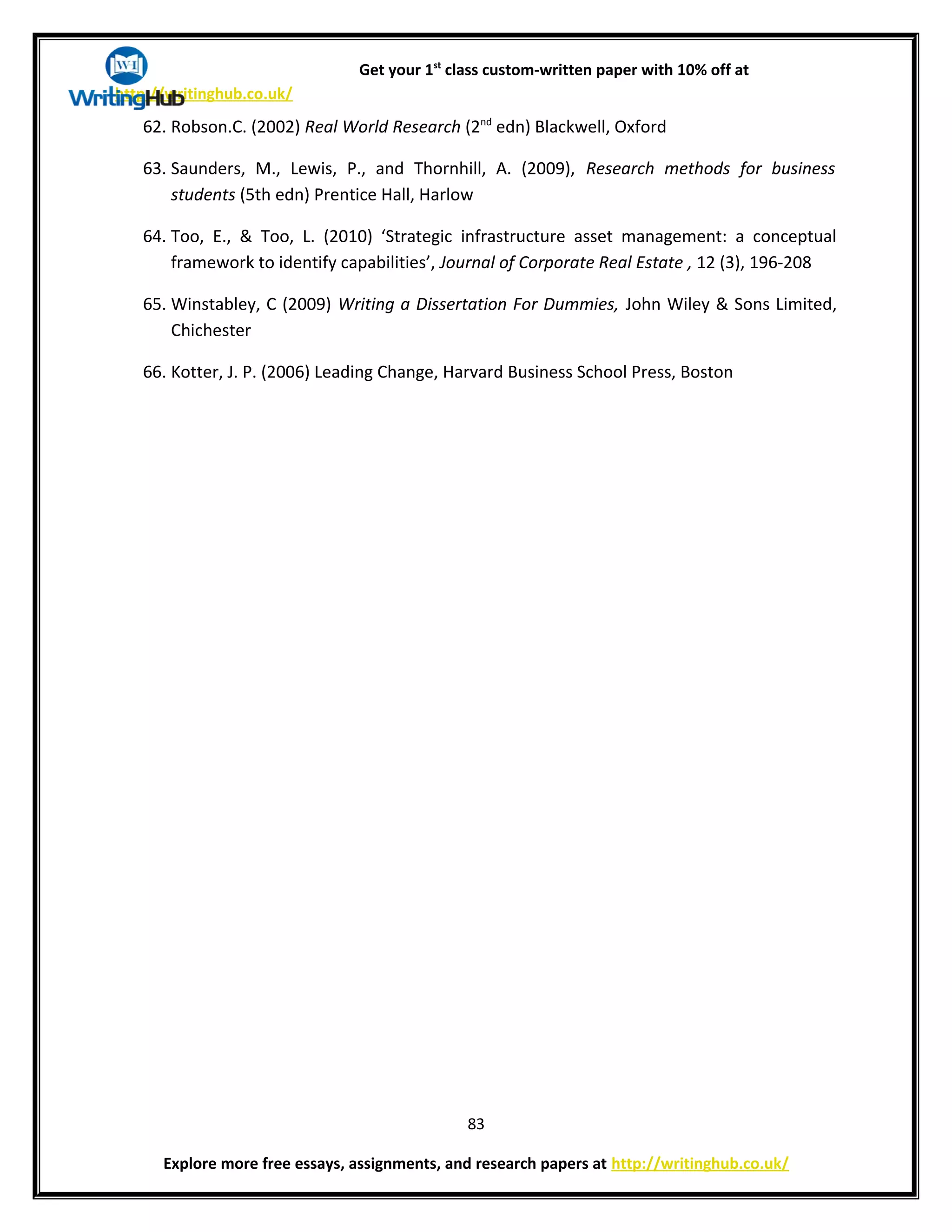 Get your 1st
class custom-written paper with 10% off at
http://writinghub.co.uk/
62. Robson.C. (2002) Real World Research (2nd
edn) Blackwell, Oxford
63. Saunders, M., Lewis, P., and Thornhill, A. (2009), Research methods for business
students (5th edn) Prentice Hall, Harlow
64. Too, E., & Too, L. (2010) ‘Strategic infrastructure asset management: a conceptual
framework to identify capabilities’, Journal of Corporate Real Estate , 12 (3), 196-208
65. Winstabley, C (2009) Writing a Dissertation For Dummies, John Wiley & Sons Limited,
Chichester
66. Kotter, J. P. (2006) Leading Change, Harvard Business School Press, Boston
83
Explore more free essays, assignments, and research papers at http://writinghub.co.uk/
 