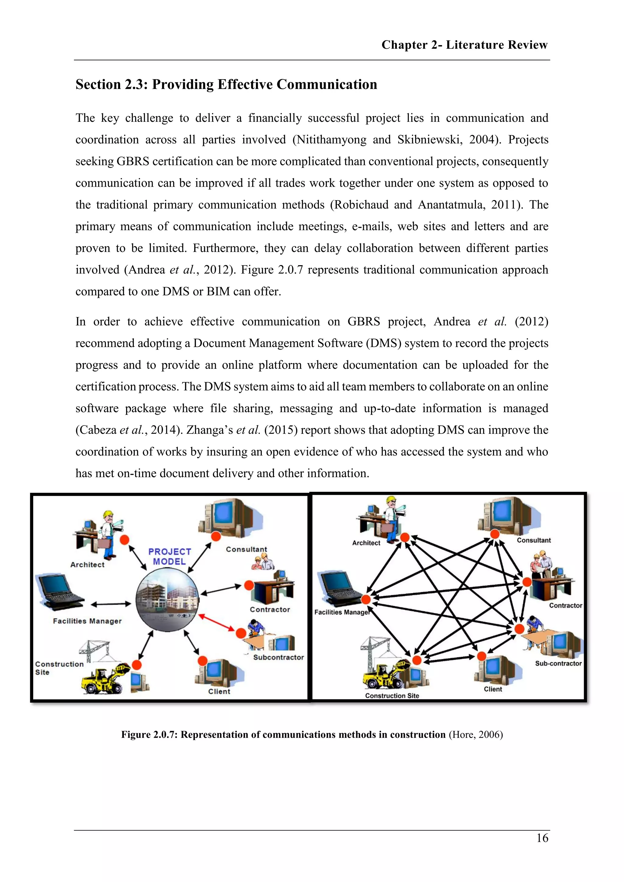 Chapter 2- Literature Review
16
Section 2.3: Providing Effective Communication
The key challenge to deliver a financially successful project lies in communication and
coordination across all parties involved (Nitithamyong and Skibniewski, 2004). Projects
seeking GBRS certification can be more complicated than conventional projects, consequently
communication can be improved if all trades work together under one system as opposed to
the traditional primary communication methods (Robichaud and Anantatmula, 2011). The
primary means of communication include meetings, e-mails, web sites and letters and are
proven to be limited. Furthermore, they can delay collaboration between different parties
involved (Andrea et al., 2012). Figure 2.0.7 represents traditional communication approach
compared to one DMS or BIM can offer.
In order to achieve effective communication on GBRS project, Andrea et al. (2012)
recommend adopting a Document Management Software (DMS) system to record the projects
progress and to provide an online platform where documentation can be uploaded for the
certification process. The DMS system aims to aid all team members to collaborate on an online
software package where file sharing, messaging and up-to-date information is managed
(Cabeza et al., 2014). Zhanga’s et al. (2015) report shows that adopting DMS can improve the
coordination of works by insuring an open evidence of who has accessed the system and who
has met on-time document delivery and other information.
Figure 2.0.7: Representation of communications methods in construction (Hore, 2006)
 