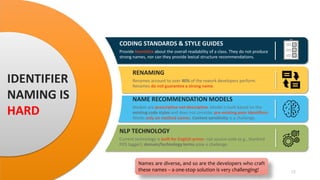 12
IDENTIFIER
NAMING IS
HARD
CODING STANDARDS & STYLE GUIDES
Provide heuristics about the overall readability of a class. ...