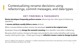 Contextualizing rename decisions using
refactorings, commit messages, and data types
KEY FINDINGS & TAKEAWAYS
Novice devel...
