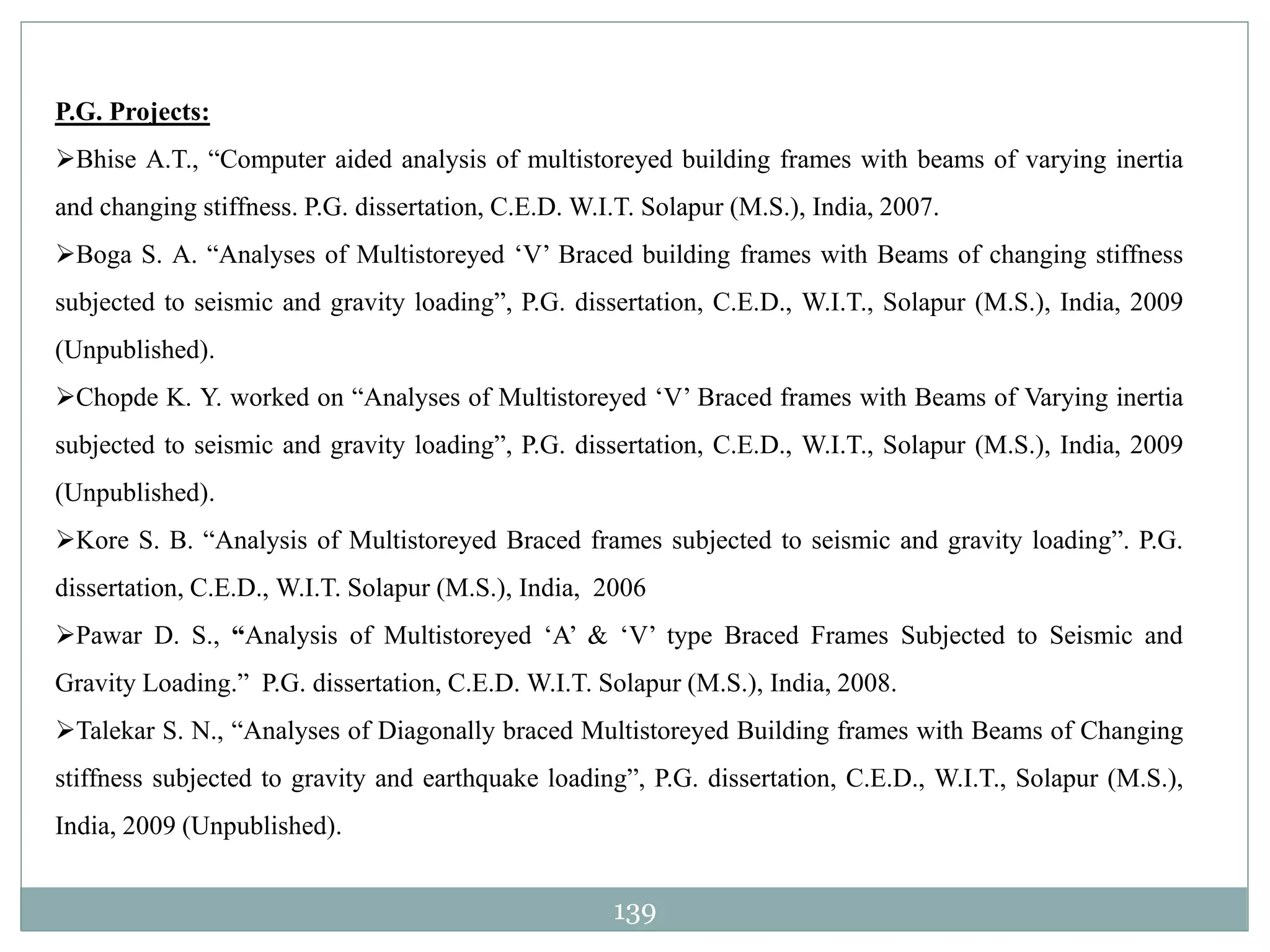 139
P.G. Projects:
Bhise A.T., “Computer aided analysis of multistoreyed building frames with beams of varying inertia
and changing stiffness. P.G. dissertation, C.E.D. W.I.T. Solapur (M.S.), India, 2007.
Boga S. A. “Analyses of Multistoreyed ‘V’ Braced building frames with Beams of changing stiffness
subjected to seismic and gravity loading”, P.G. dissertation, C.E.D., W.I.T., Solapur (M.S.), India, 2009
(Unpublished).
Chopde K. Y. worked on “Analyses of Multistoreyed ‘V’ Braced frames with Beams of Varying inertia
subjected to seismic and gravity loading”, P.G. dissertation, C.E.D., W.I.T., Solapur (M.S.), India, 2009
(Unpublished).
Kore S. B. “Analysis of Multistoreyed Braced frames subjected to seismic and gravity loading”. P.G.
dissertation, C.E.D., W.I.T. Solapur (M.S.), India, 2006
Pawar D. S., “Analysis of Multistoreyed ‘A’ & ‘V’ type Braced Frames Subjected to Seismic and
Gravity Loading.” P.G. dissertation, C.E.D. W.I.T. Solapur (M.S.), India, 2008.
Talekar S. N., “Analyses of Diagonally braced Multistoreyed Building frames with Beams of Changing
stiffness subjected to gravity and earthquake loading”, P.G. dissertation, C.E.D., W.I.T., Solapur (M.S.),
India, 2009 (Unpublished).
 