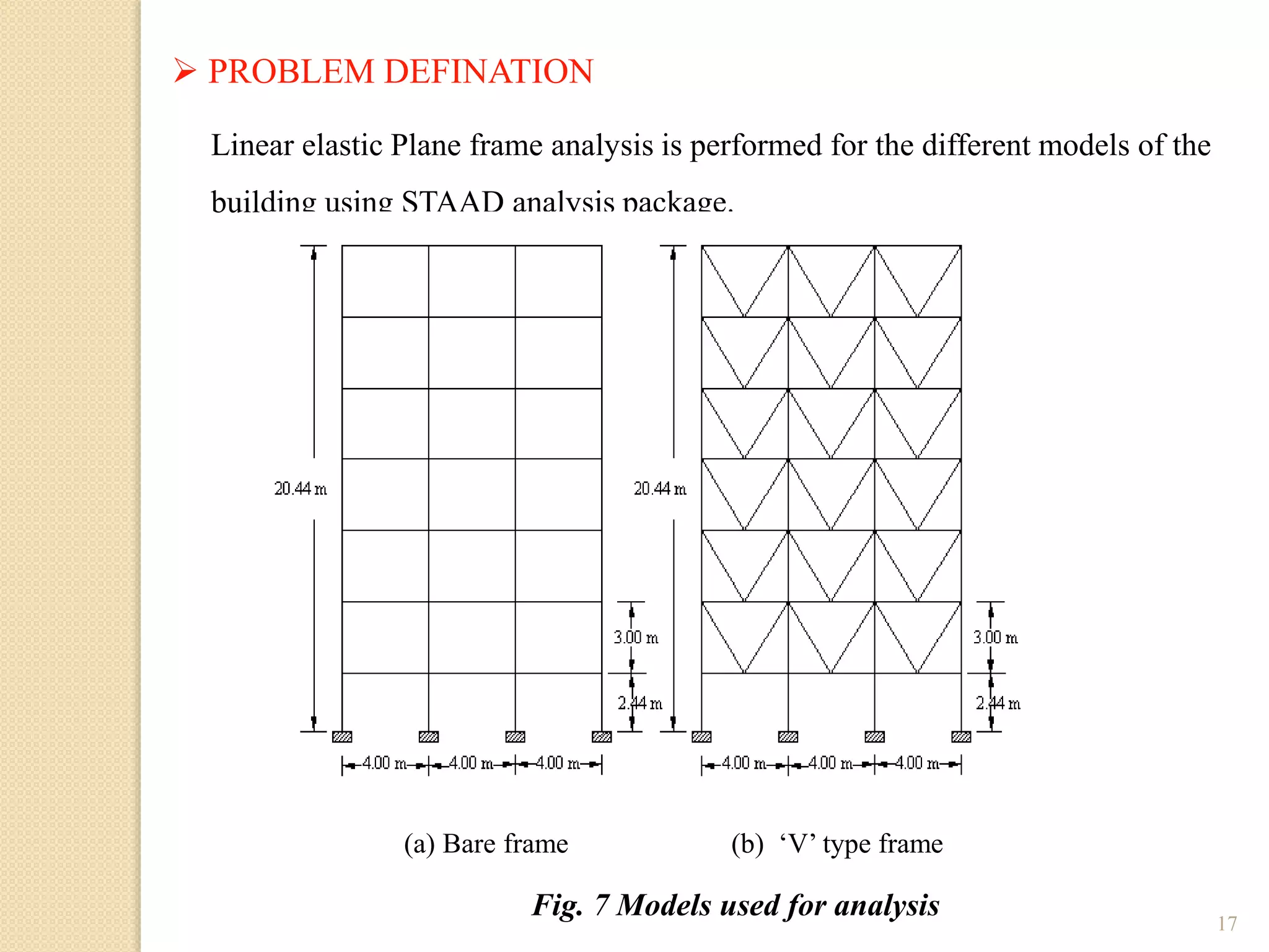 17
 PROBLEM DEFINATION
Linear elastic Plane frame analysis is performed for the different models of the
building using STAAD analysis package.
(a) Bare frame (b) ‘V’ type frame
Fig. 7 Models used for analysis
 