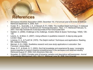 References Aerospace Industries Association (2005, December 14).  41st annual year-end review & forecast . Retrieved September 4, 2006, from  http://www.aia-aerospace.org/stats/yr_ender/yr_ender.cfm Custer, R. L., Scarcella, J. A., & Stewart, B. R. (1999). The modified Delphi technique: A rotational modification.  Journal of Vocational and Technical Education, 15 (2), 1-11. Retrieved February 12, 2007, from http://scholar.lib.vt.edu/ejournals/JVTE/v15n2/custer.html Hedden, C. (2006). Challenge is the challenge.  Aviation Week & Space Technology, 165 (9), 126-130. Lewins, A., & Silver, C. (2007).  Using software in qualitative research: A step-by-step guide . London: Sage. Linstone, H. A., & Turoff, M. (1975).  The Delphi method: Techniques and applications . Reading, MA: Addison-Wesley. Merriam, S. B. (1998).  Qualitative research and case study applications in education . San Francisco: Jossey-Bass. Shaw, G. P., & Smith, D. Y. (2003). Don't let knowledge and experience fly away: Leveraging scarce expertise to support ongoing competitiveness in the aerospace and defense industry. Retrieved August 27, 2006, from Accenture Web site:  http://www.accenture.com Snowden, D. (2002). Complex acts of knowing: paradox and descriptive self-awareness.  Journal of Knowledge Management,   6 (2), 100-111. Retrieved June 28, 2006, from Emerald. 