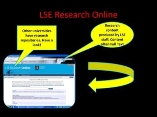 LSE Research Online
                             Research
 Other universities           content
   have research         produced by LSE
repositories. Have a      staff. Content
       look!              often Full Text
 