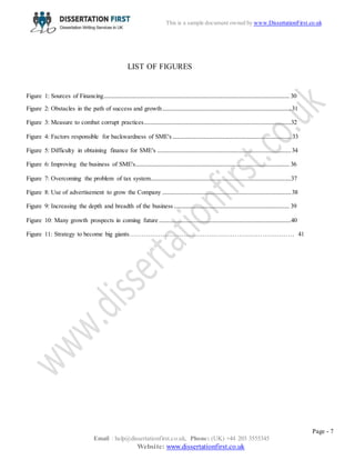 Page - 7
Email : help@dissertationfirst.co.uk, Phone: (UK) +44 203 3555345
Website: www.dissertationfirst.co.uk
This is a sample document owned by Dissertation First
LIST OF FIGURES
Figure 1: Sources of Financing............................................................................................................... 30
Figure 2: Obstacles in the path of success and growth.............................................................................31
Figure 3: Measure to combat corrupt practices........................................................................................32
Figure 4: Factors responsible for backwardness of SME's....................................................................... 33
Figure 5: Difficulty in obtaining finance for SME's ................................................................................34
Figure 6: Improving the business of SME's............................................................................................ 36
Figure 7: Overcoming the problem of tax system....................................................................................37
Figure 8: Use of advertisement to grow the Company .............................................................................38
Figure 9: Increasing the depth and breadth of the business ..................................................................... 39
Figure 10: Many growth prospects in coming future ...............................................................................40
Figure 11: Strategy to become big giants…………………………………………………………………… 41
 