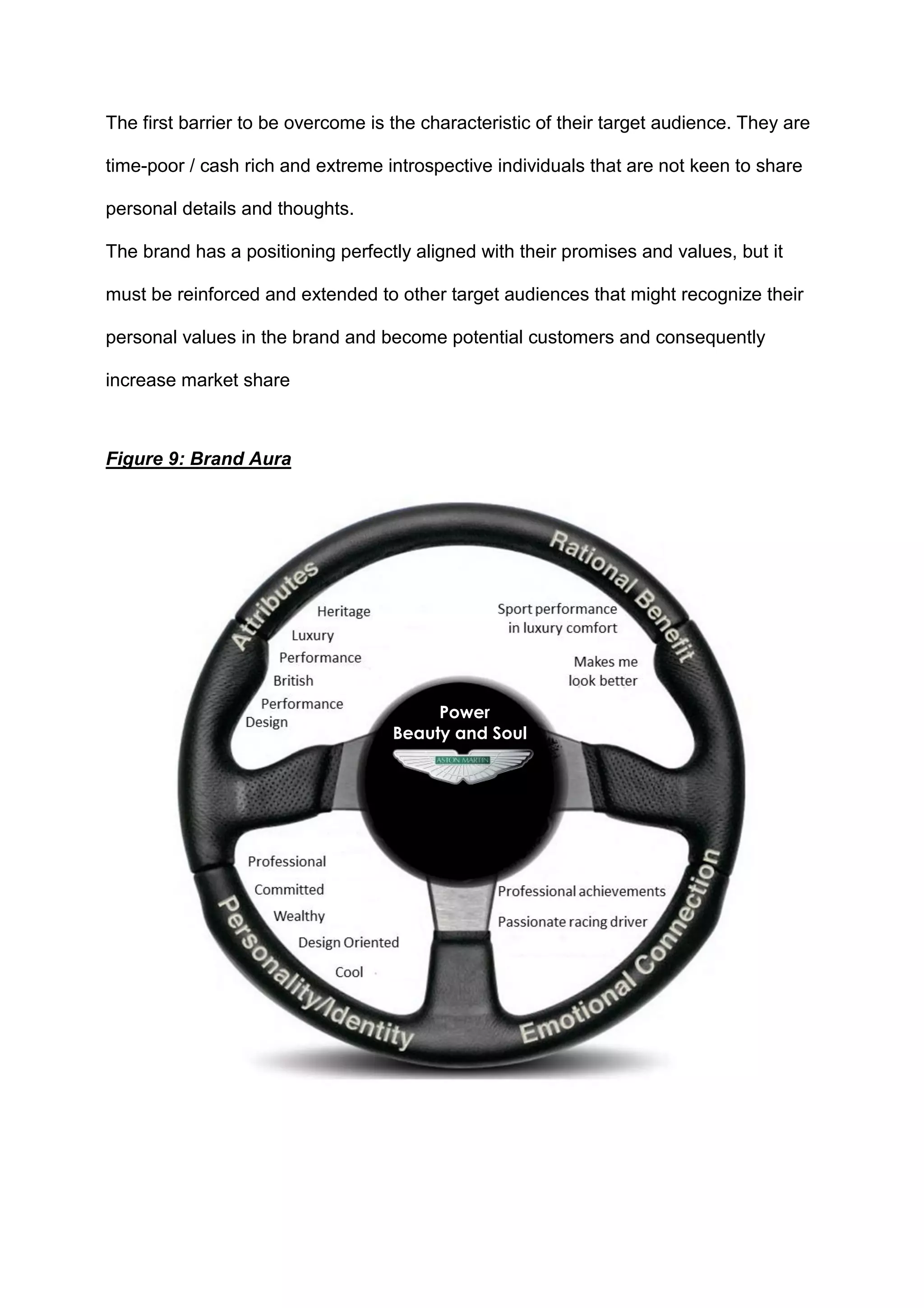 The first barrier to be overcome is the characteristic of their target audience. They are
time-poor / cash rich and extreme introspective individuals that are not keen to share
personal details and thoughts.
The brand has a positioning perfectly aligned with their promises and values, but it
must be reinforced and extended to other target audiences that might recognize their
personal values in the brand and become potential customers and consequently
increase market share
Figure 9: Brand Aura
Power
Beauty and Soul
 