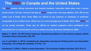 The DBC isolates writing instructors and doctoral students. Instruction takes place over a narrow
period of time. The time period of virtually all DBCs ranges from a few days (Bakker, 2014, NP) to two
weeks (Lee & Golde, 2013). Some DBCs are offered as day sessions on weekdays or weekends,
comparable to 9 to 5 office hours. Others are run in the evenings (Lee & Golde, 2013). Other DBCs are
run by private providers. These may be offered as resident programs where participants may
temporarily live in a shared space such as a rented university dormitory (Smallwood, 2004).
Bakker, C. (2014), The SFU thesis bootcamp: Empowering students to make serious progress, British
Columbia Library Association, 6(2), NP.
Lee, S. and Golde, C. (2013), Completing the dissertation and beyond: Writing centers and dissertation
bootcamps, The writing lab newsletter, 37(7-8), 1-16.
Smallwood, S. (2004), A Week at camp dissertation, The chronicle of higher education, 50,A.10-A.12.
The DBC in Canada and the United States
 
